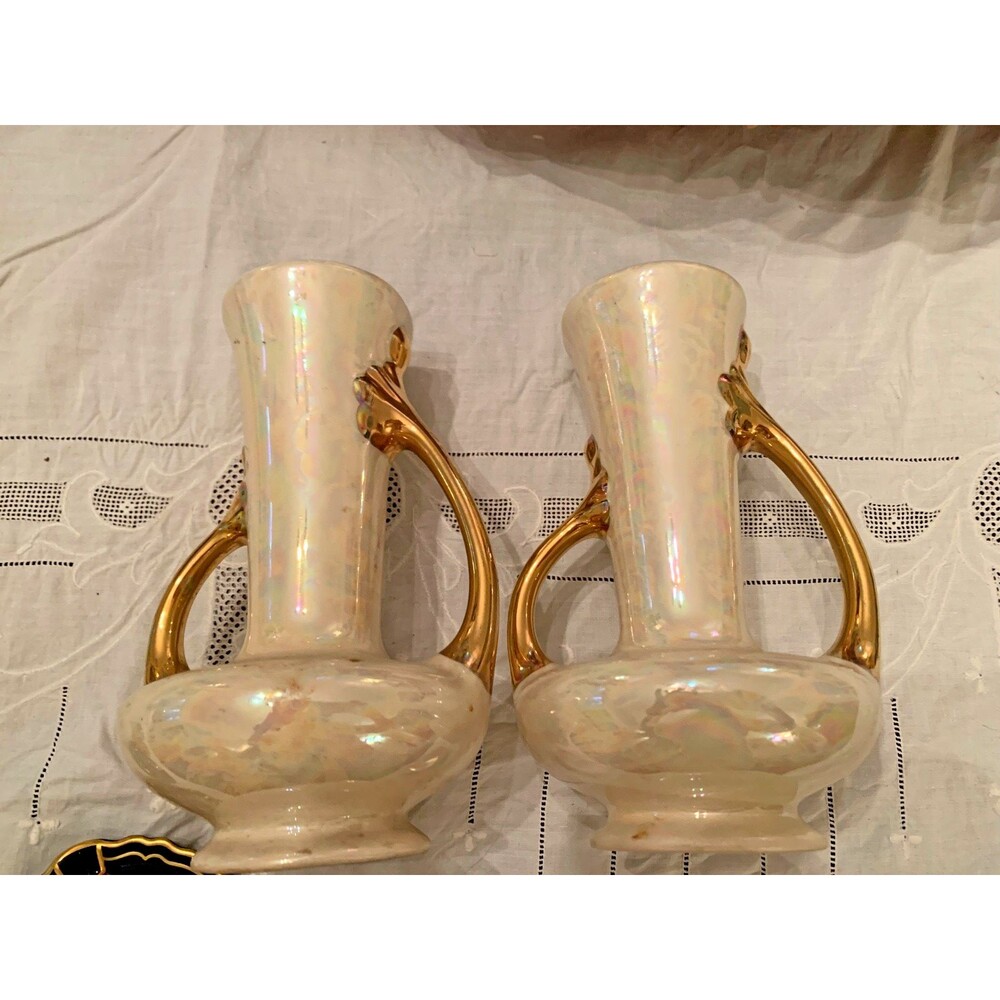 VIntage Gold and Opal Pearl Iridescent Lusterware Urn Vase Gold handles set of 2